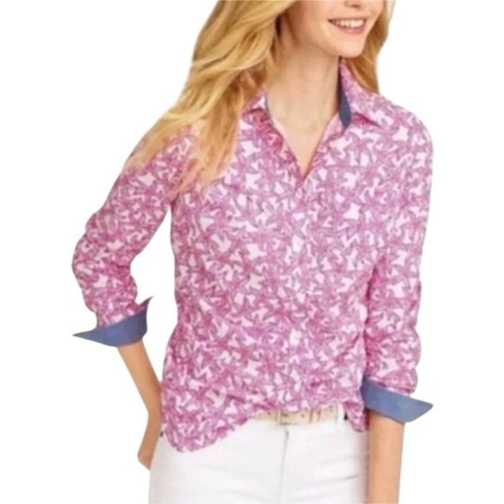 Talbots Women's Button Down Shirt Pink Starfish Print Long Sleeve Size SP